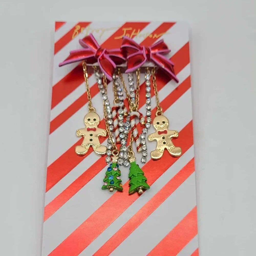 Betsey Johnson Red Bow Ginger Bread Man Tree Crystal Charm Earrings NWT!  NEW!
